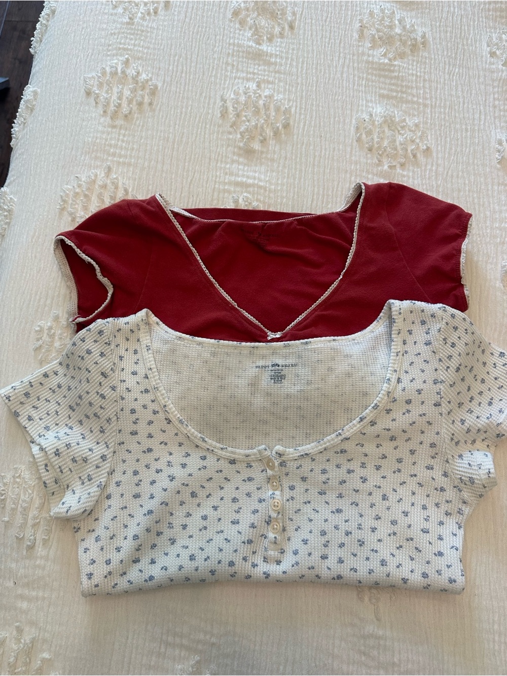 Brandy Melville Red Short Sleeve Top & White Floral Henley—BUNDLE